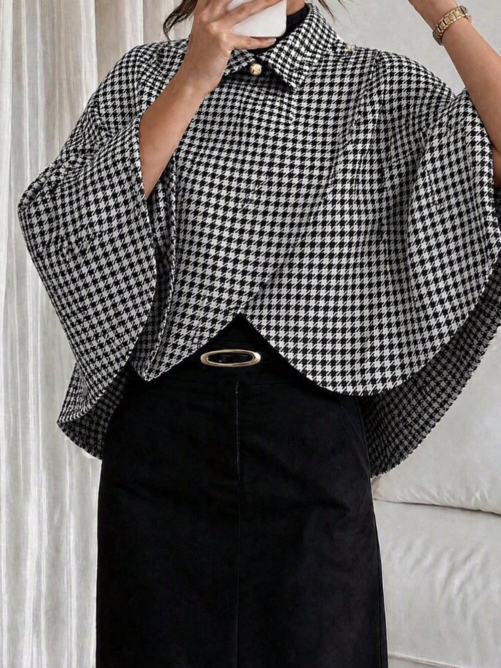 Black And White Casual Women's Houndstooth Print Lapel Batwing Sleeve Cape Coat